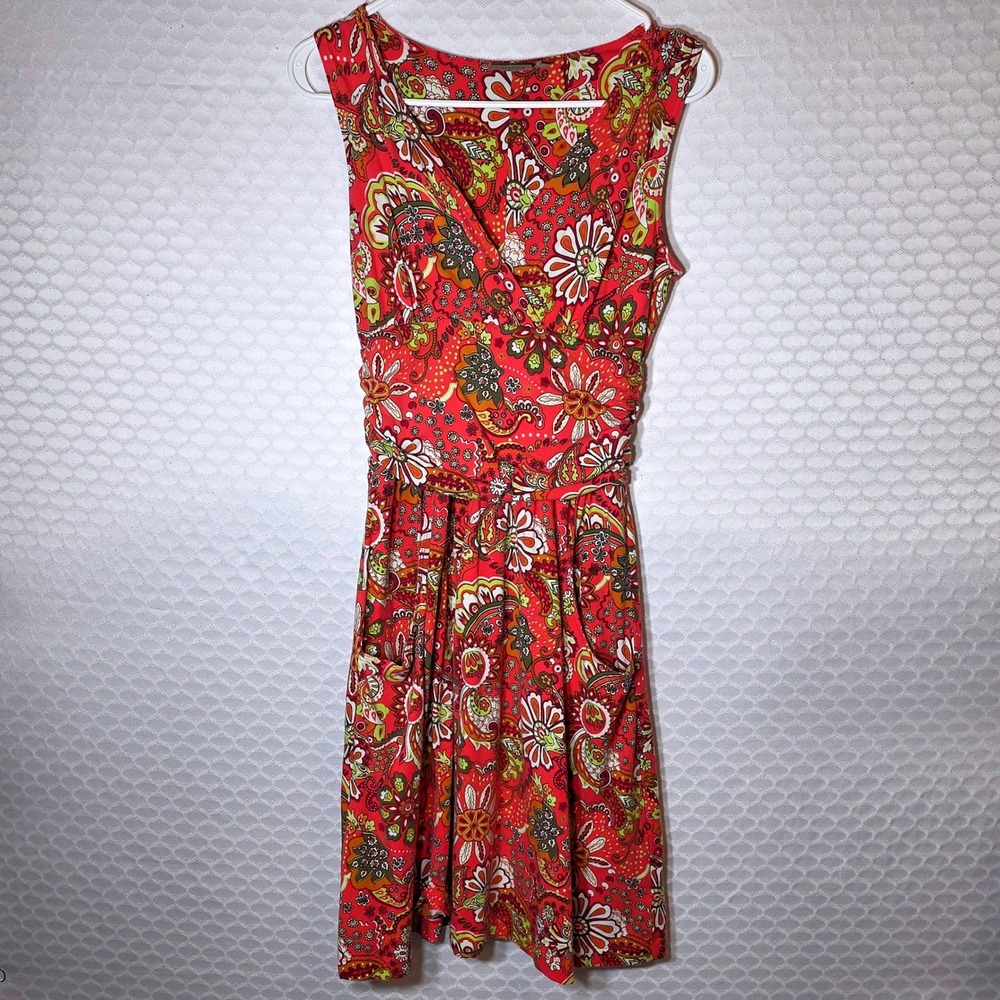 Athleta Coral Pink Paisley Floral Sleeveless Faux Wrap Pocket Dress XS